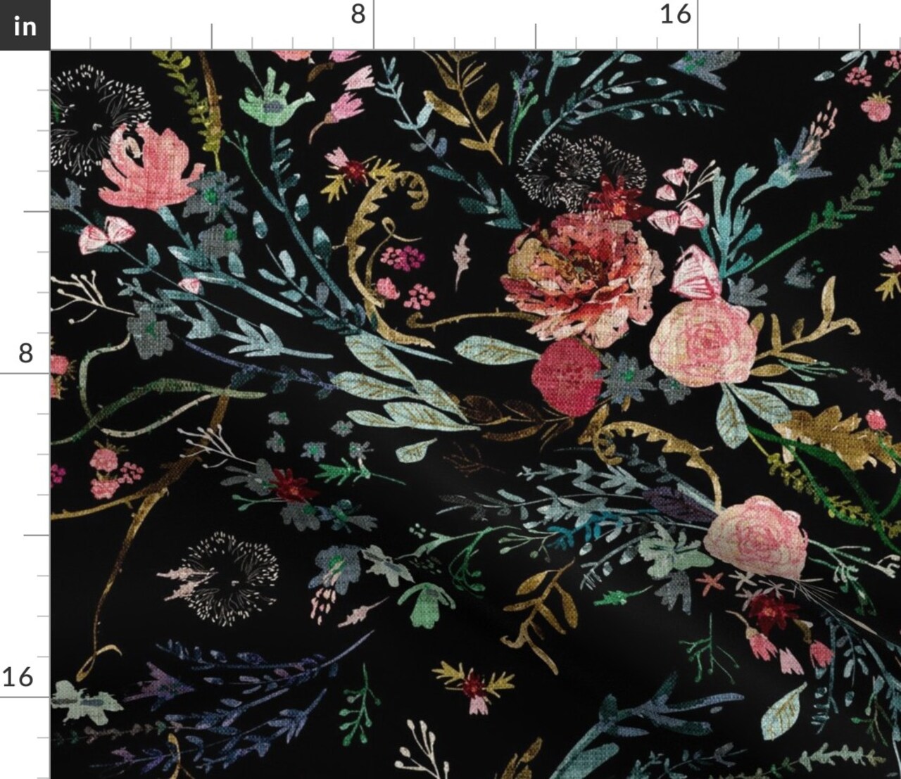 Botanical Faux Woven Texture Boho Floral Black And Pink Wild Flowers Bohemian Dark Custom Printed Fabric by Spoonflower Various Fabrics by the Yard or Fat Quarter